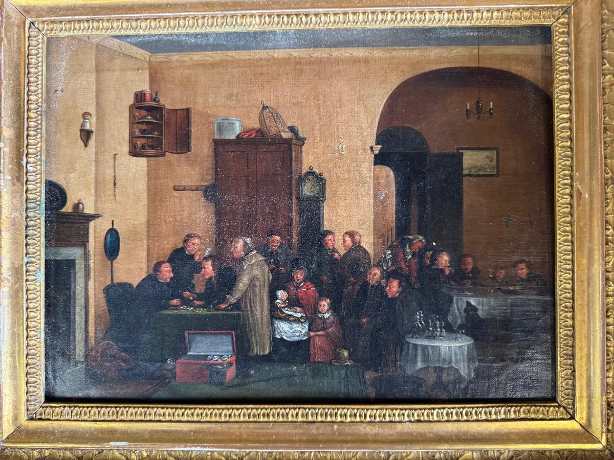 Gemäldepaar, lebhafte Familienszenen, Öl auf Leinwand, frühes 19. (Louis XIII.) im Angebot
