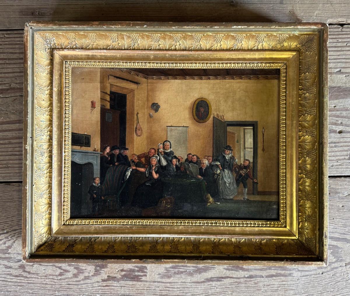 Gemäldepaar, lebhafte Familienszenen, Öl auf Leinwand, frühes 19. im Angebot 4