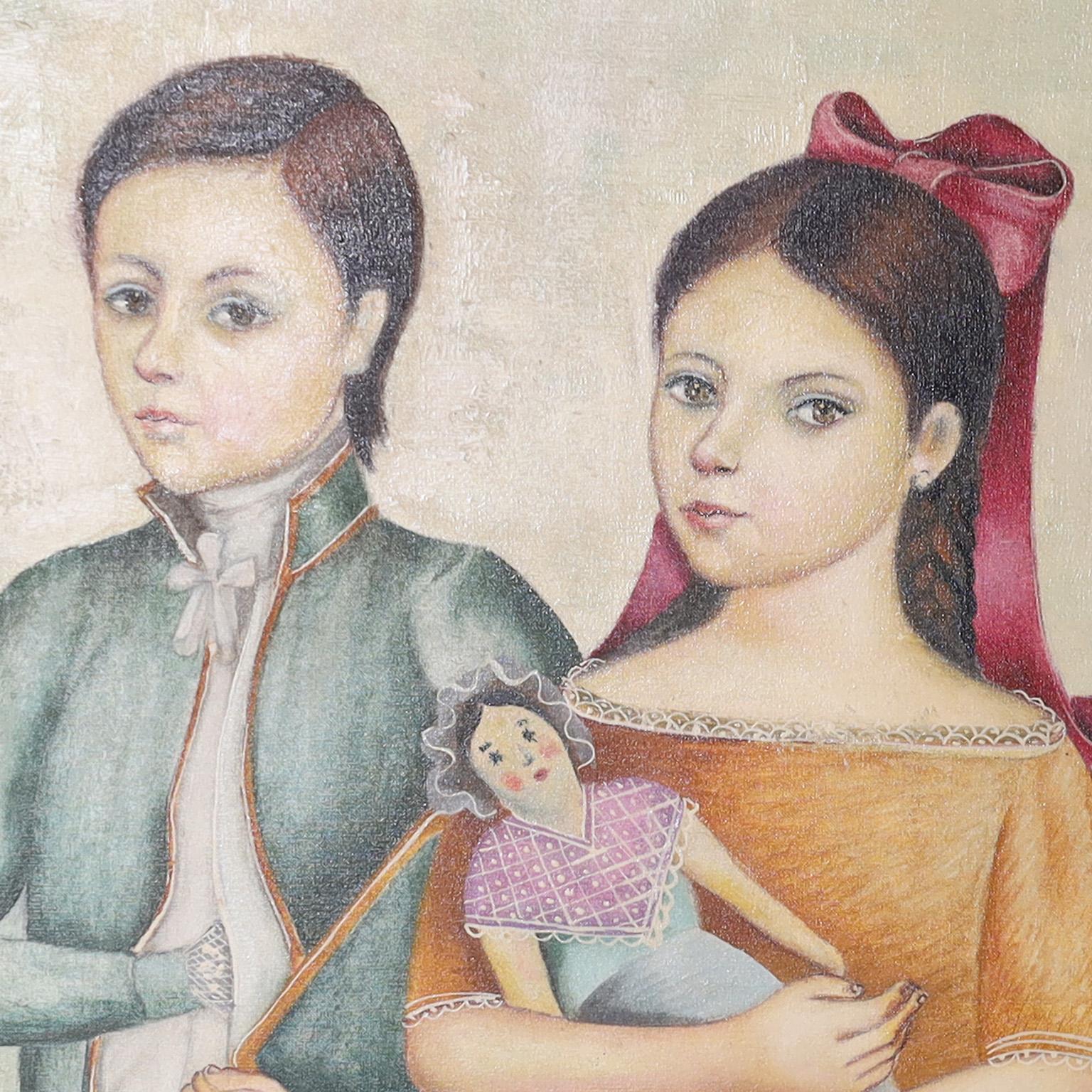 Mexican Pair of Paintings of Boy and Girl  For Sale