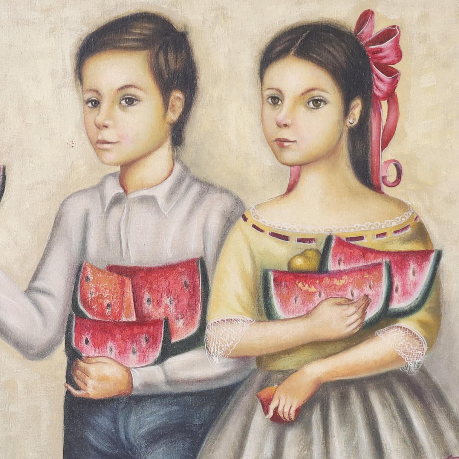 Ein Paar Gemälde eines Jungen und eines Mädchens  (Farbe) im Angebot