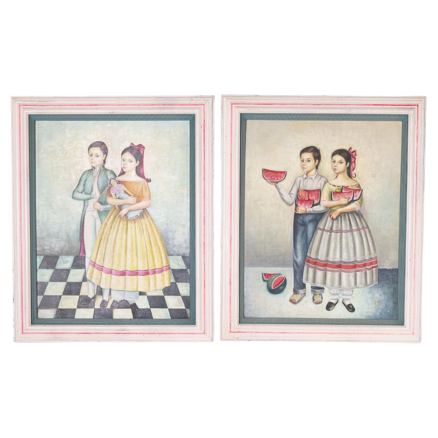 Ein Paar Gemälde eines Jungen und eines Mädchens  im Angebot