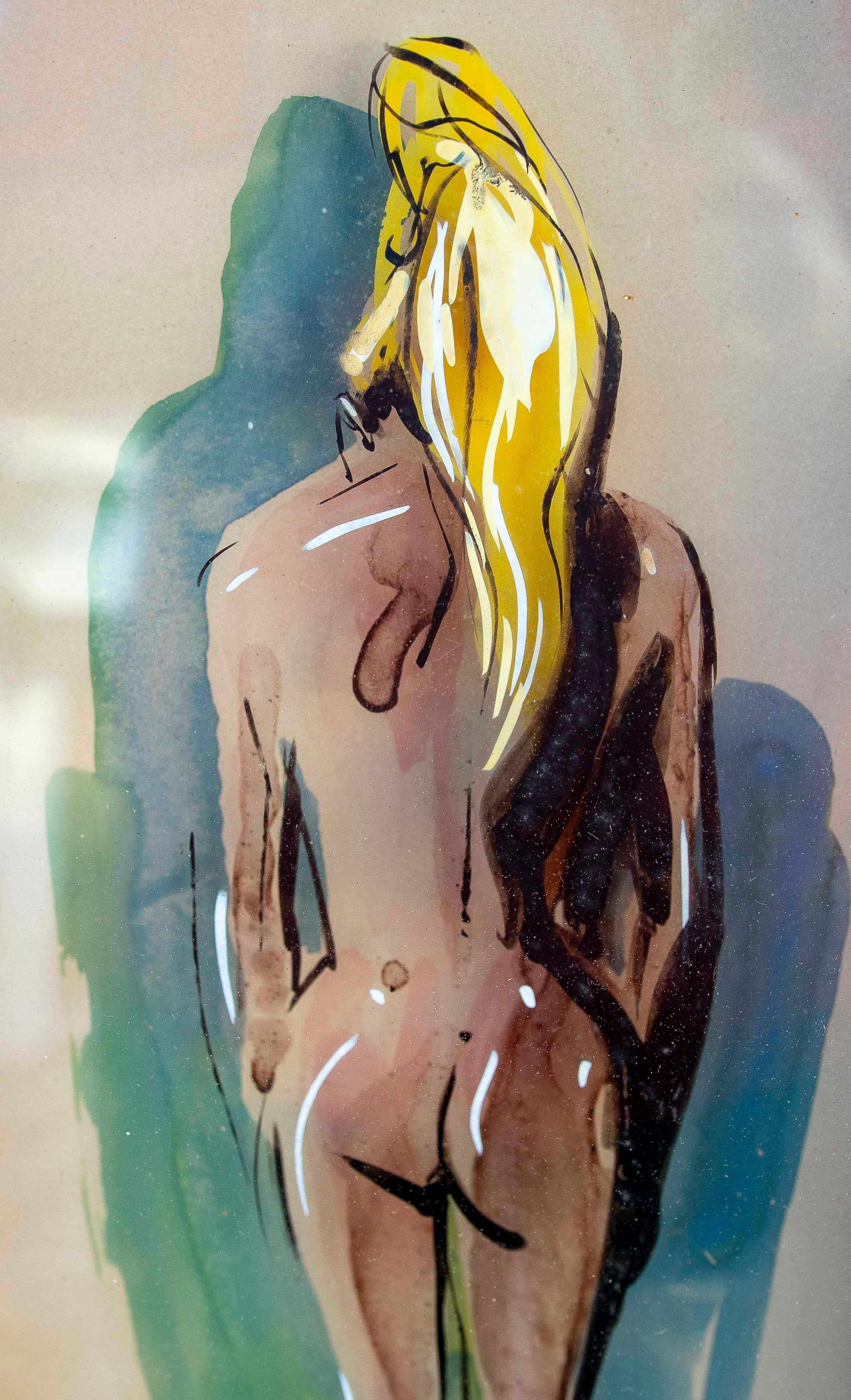 Paire de peintures de femmes demi-nakes peintes sur verre signé TMAZ Bon état - En vente à Marbella, ES