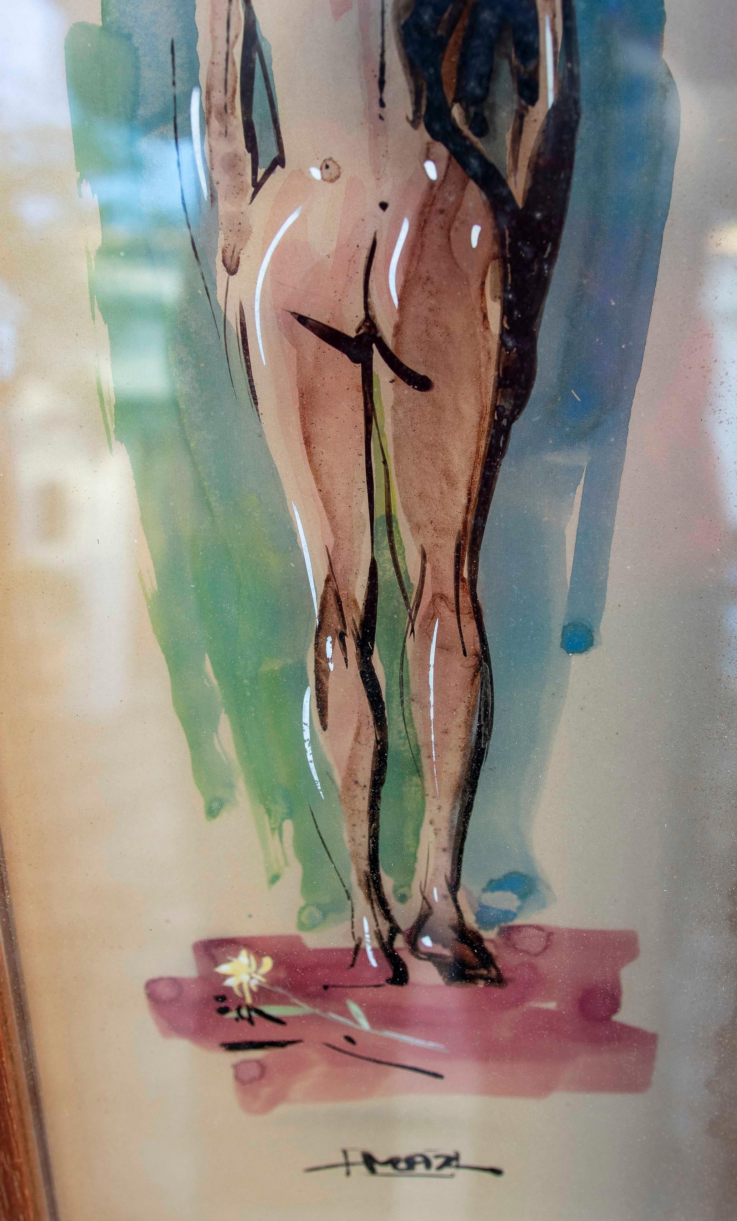 20ième siècle Paire de peintures de femmes demi-nakes peintes sur verre signé TMAZ en vente