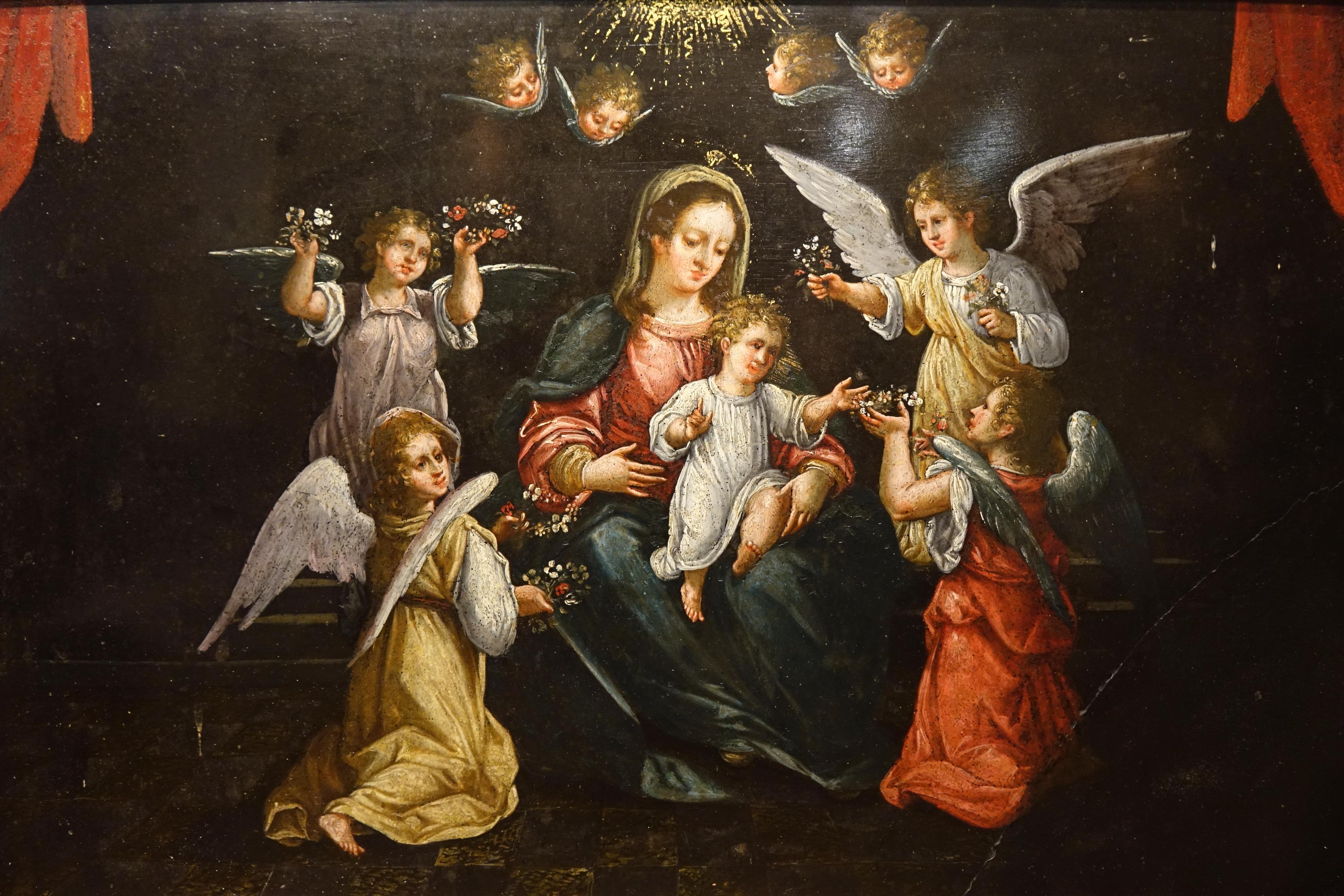 Rara coppia di dipinti su marmo nero (uno più grigio), che rappresentano l'Adorazione del Bambino da parte degli angeli, l'altro La Vergine, il Bambino e Saint John Angell I e l'agnello vicino a lui, Joseph che osserva la scena. 
Colori molto