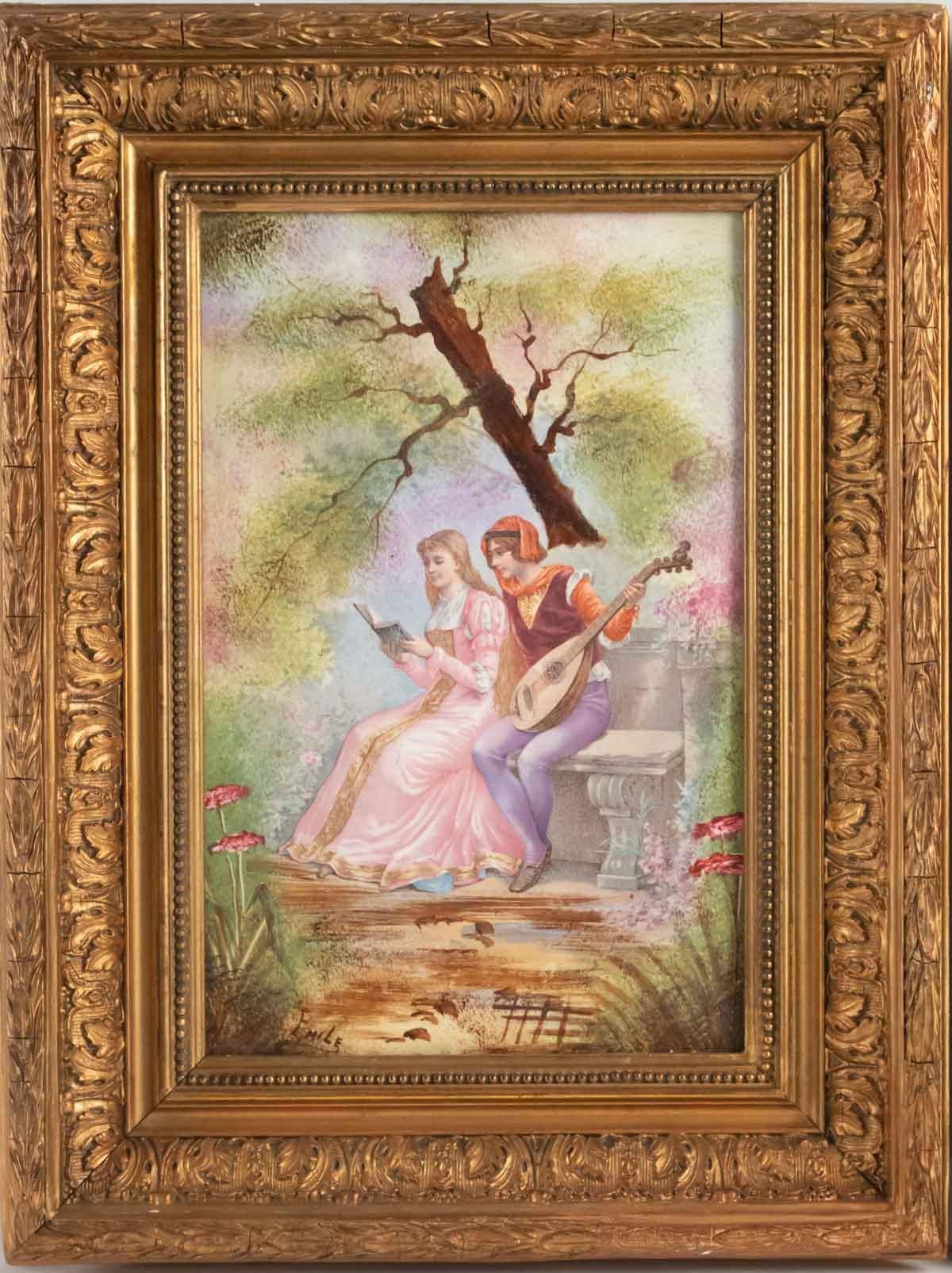 Pair of paintings on porcelain, gallant scene, 1900, framed with frames Napoleon III.
Dimensions: Painting: H 30 cm, L 19 cm
Frame: H 44 cm, L 33, P 5 cm.