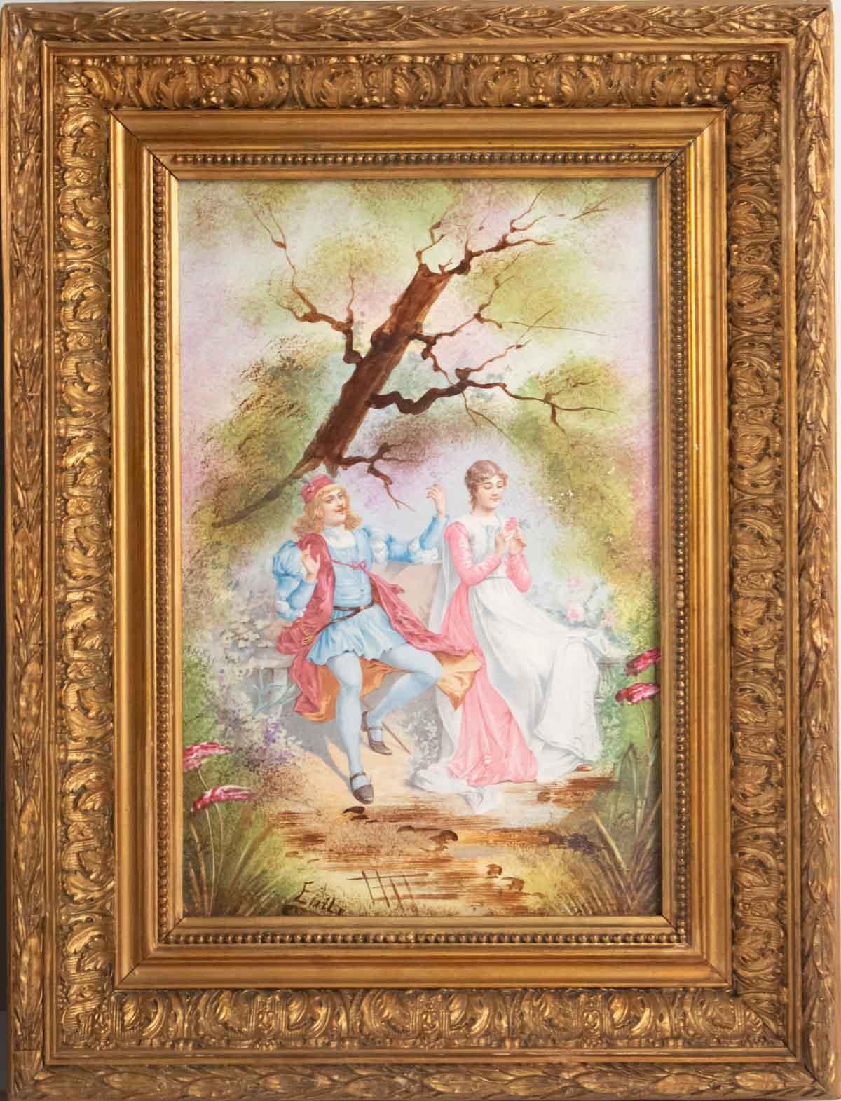 Napoleon III Pair of Paintings on Porcelain, Gallant Scene, 1900, Framed with Frames Napoleon