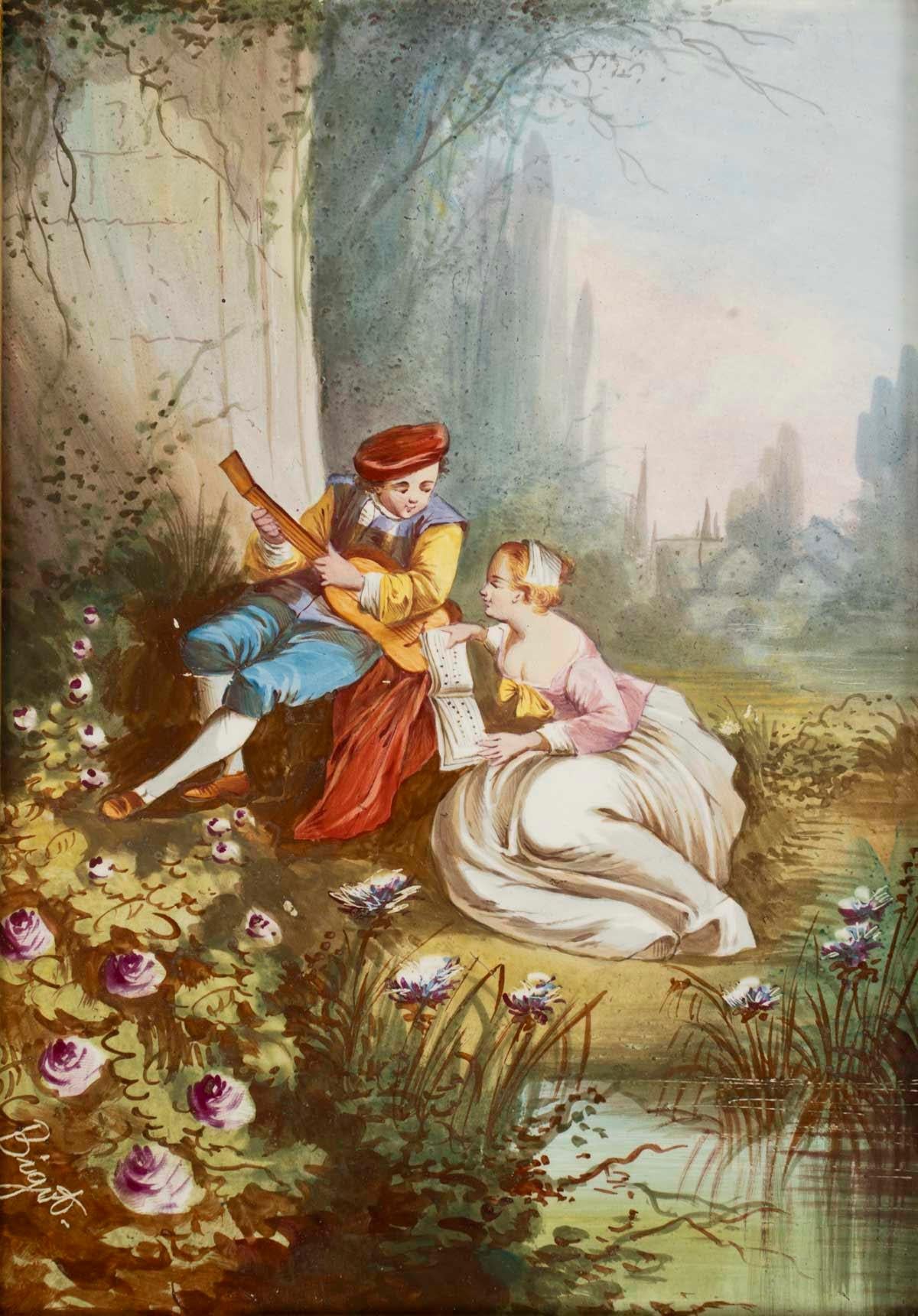 Paire de peintures sur porcelaine du XIXe siècle, époque Napoléon III, joli cadre en bois doré.

H : 51 cm, L : 43,5 cm, P : 9,5 cm