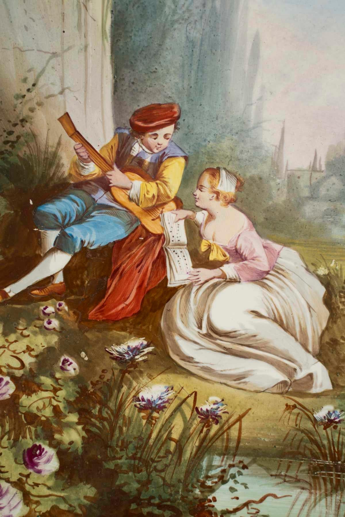 Français Paire de peintures sur porcelaine, cadre d'époque, période Napoléon III, XIXe siècle. en vente