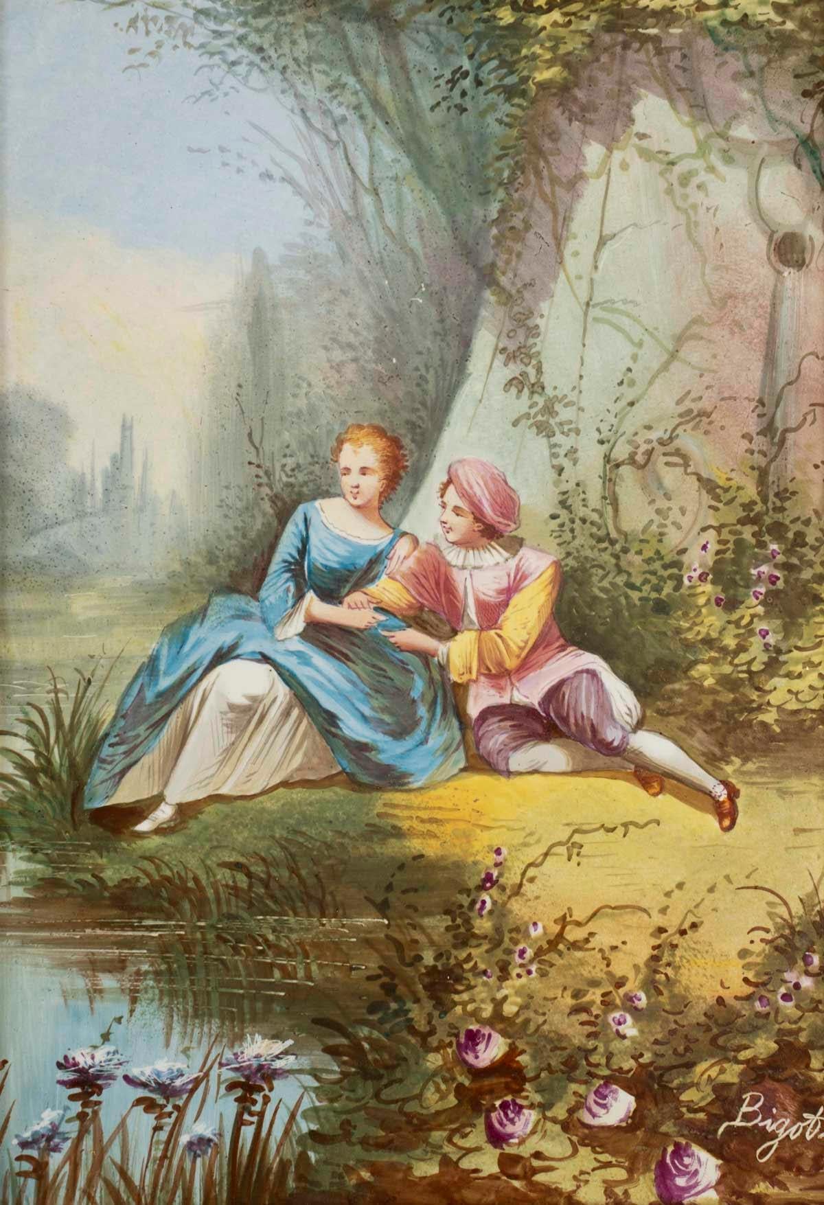 Paire de peintures sur porcelaine, cadre d'époque, période Napoléon III, XIXe siècle. Bon état - En vente à Saint-Ouen, FR