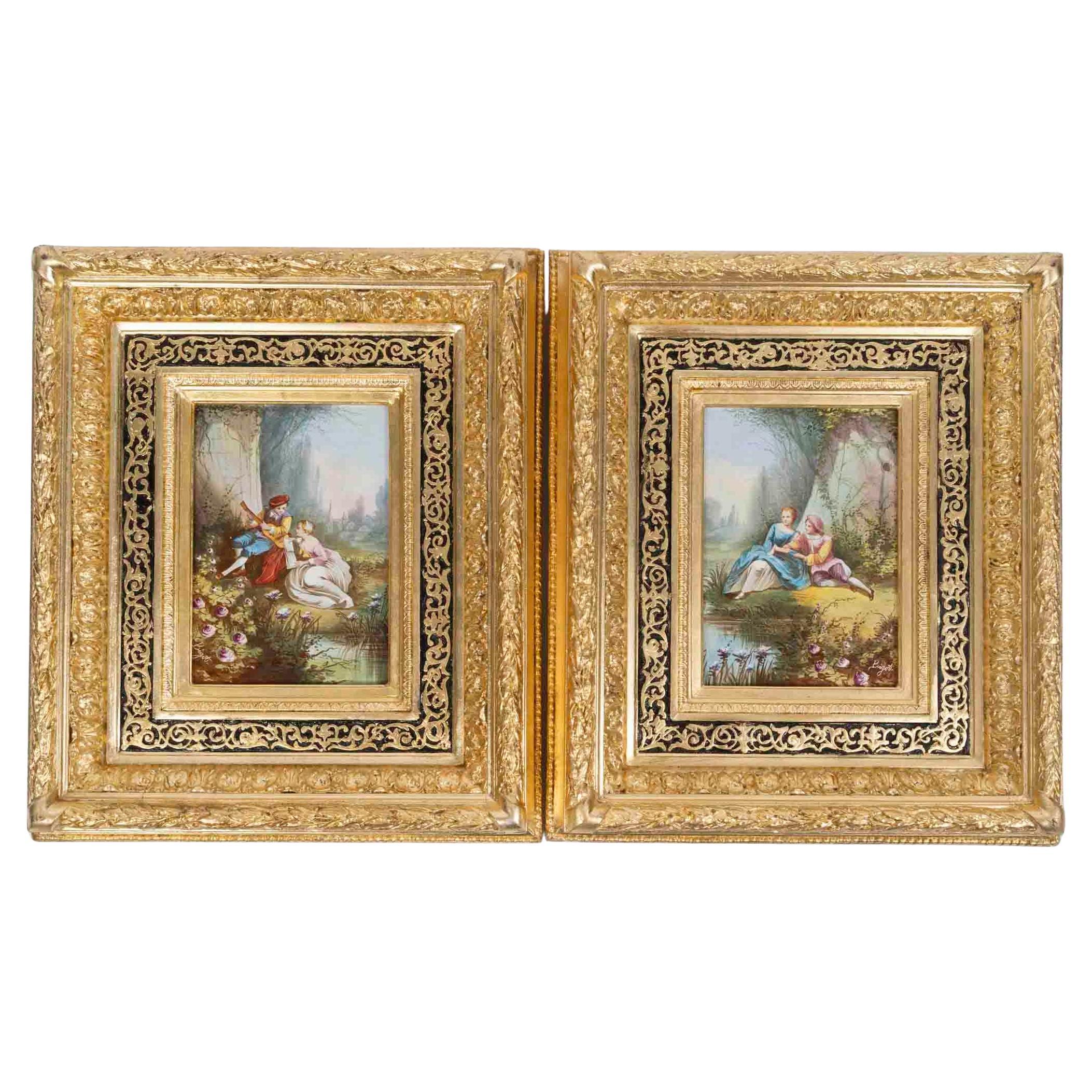 Pair of Paintings on Porcelain, Period Frame, Napoleon III Period, 19th Century.