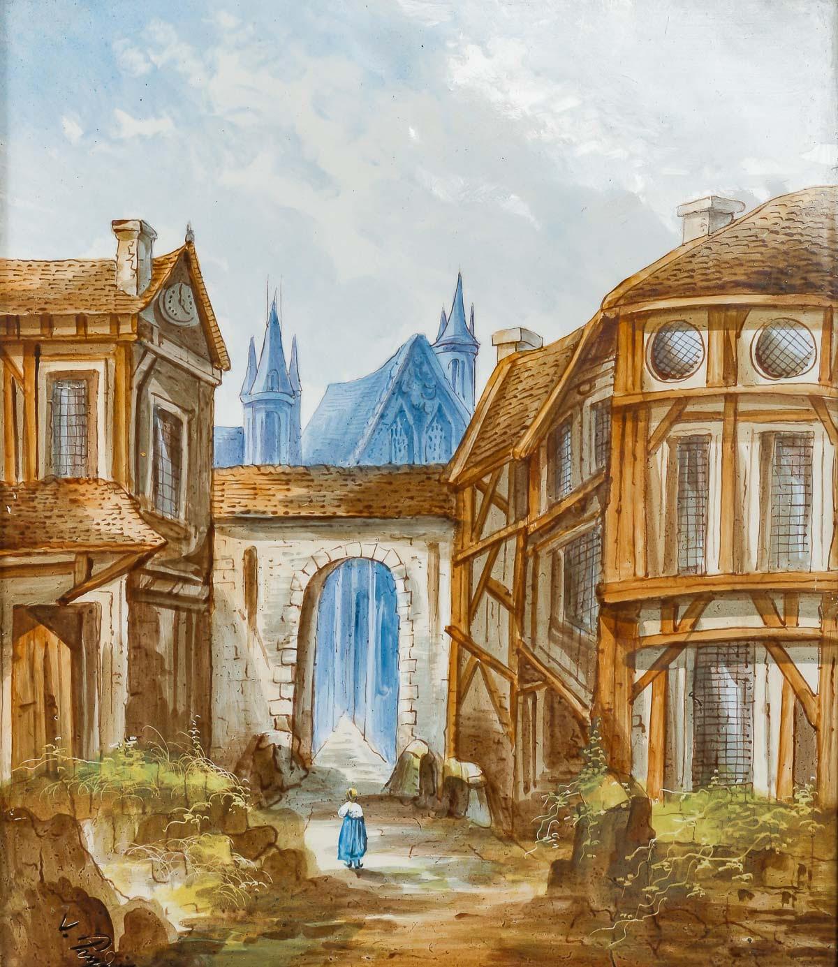 Napoléon III Paire de peintures sur porcelaine, paysages de village, début du 20e siècle en vente