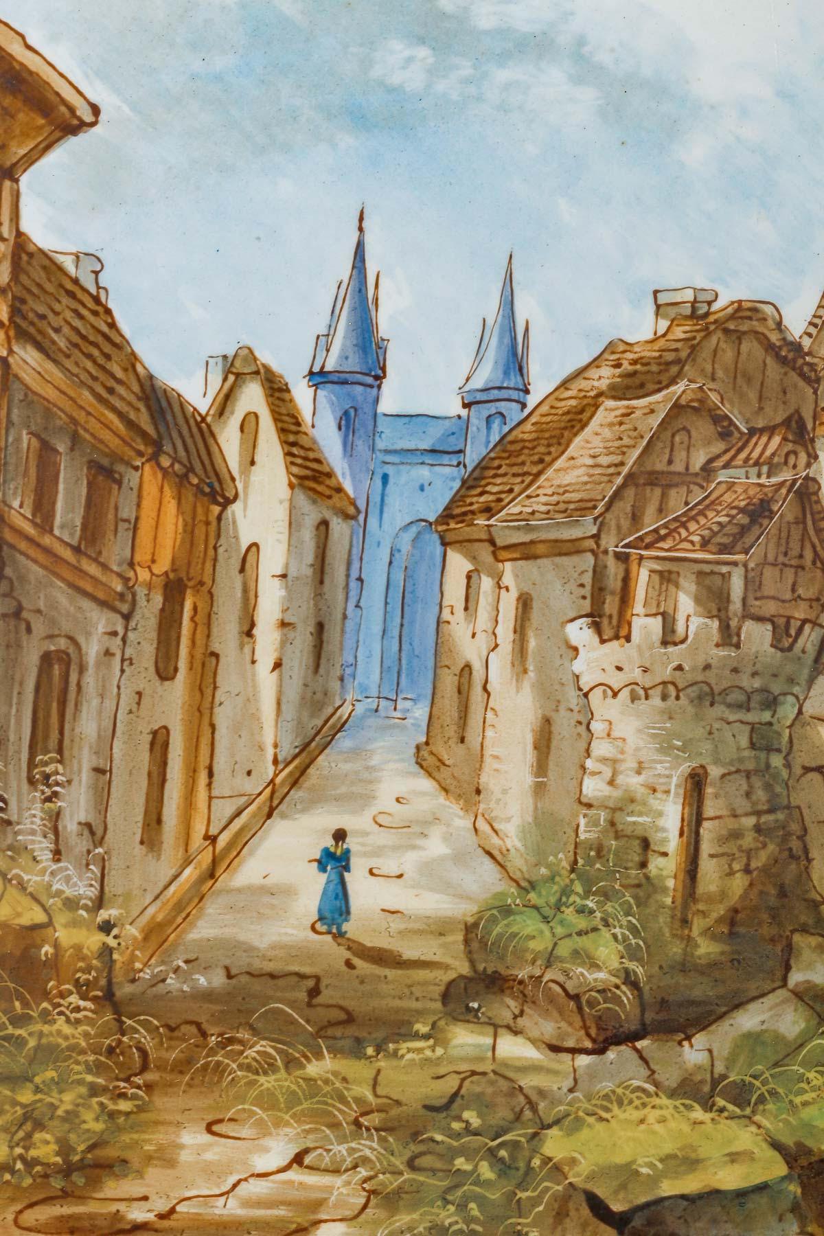 Français Paire de peintures sur porcelaine, paysages de village, début du 20e siècle en vente