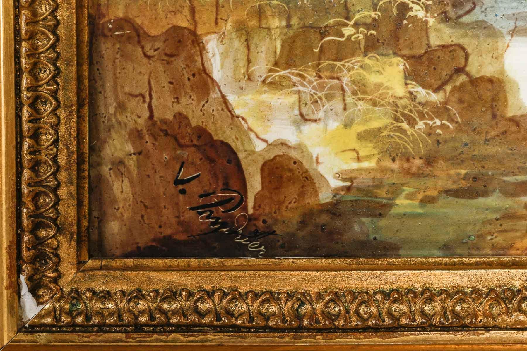 Paire de peintures sur porcelaine, paysages de village, début du 20e siècle Bon état - En vente à Saint-Ouen, FR