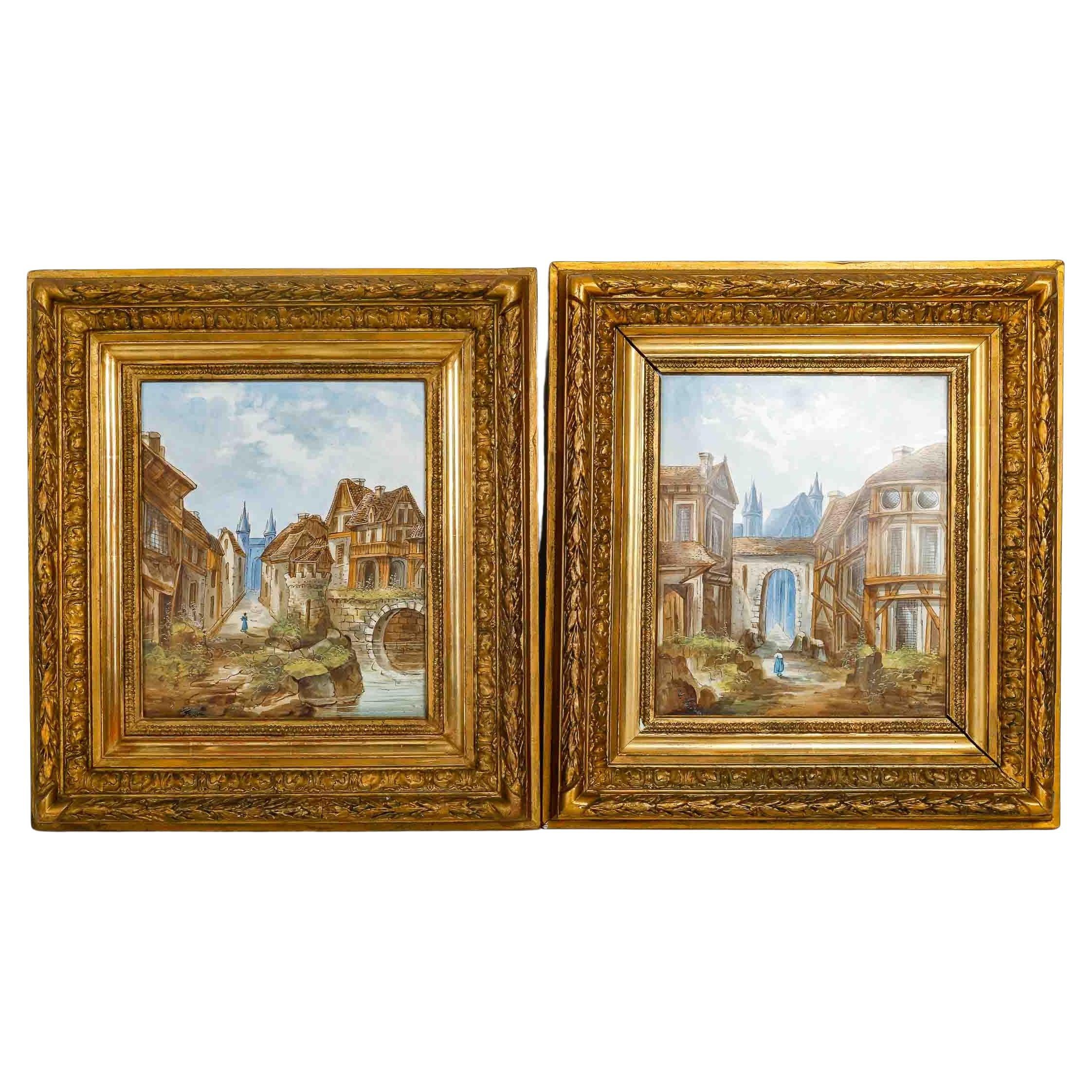 Pair of Paintings on Porcelain, Village Landscapes, early 20th century.