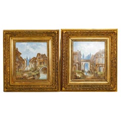 Antique Pair of Paintings on Porcelain, Village Landscapes, early 20th century.