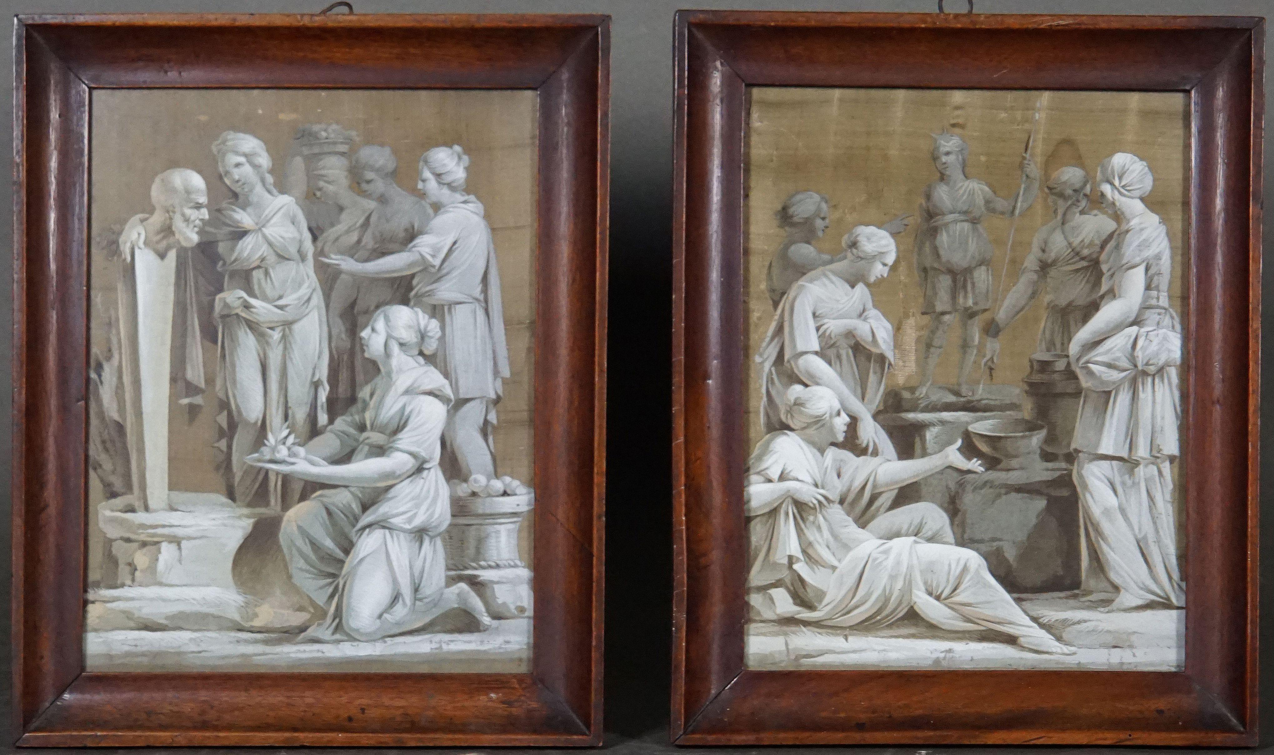 A rare pair of paintings on silk, in neoclassic grisaille style, Rome or Naples, early 19th century.
 