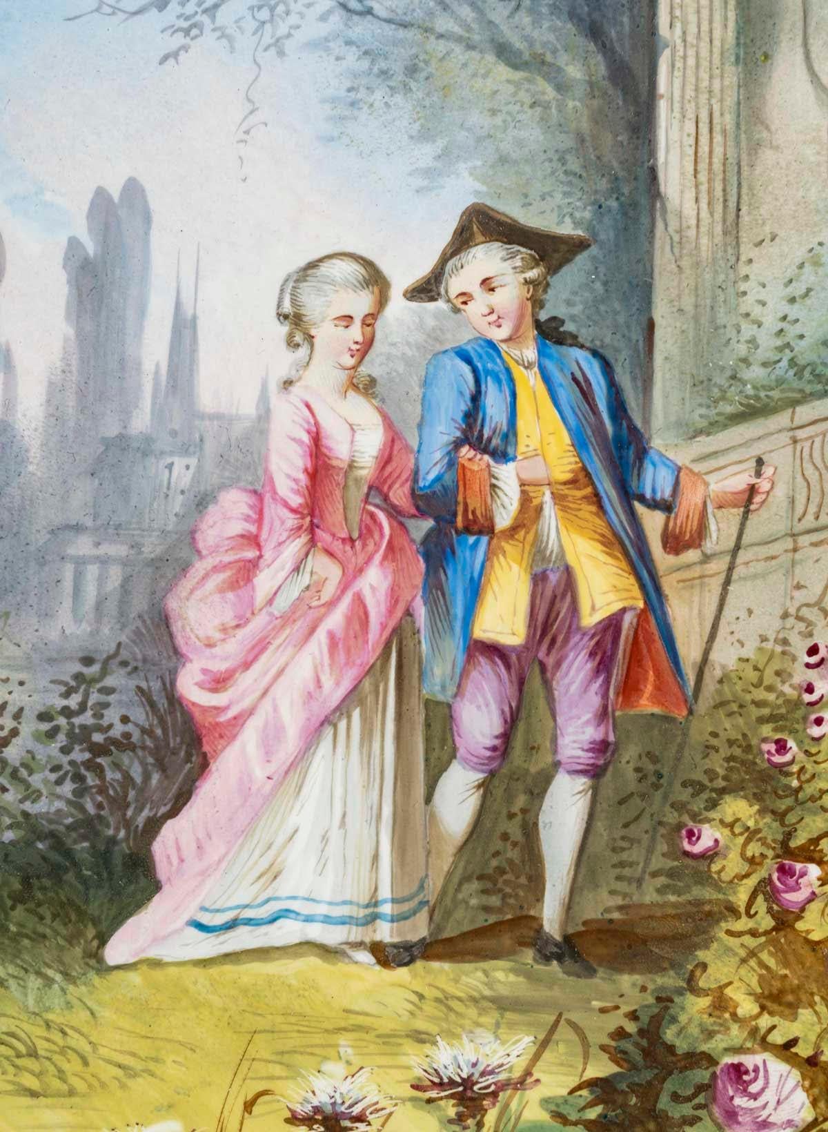 Dorato Coppia di dipinti, pittura su porcellana, XIX secolo, periodo di Napoleone III. in vendita