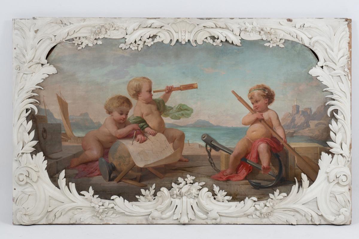 Pair of paintings, or above doors, representing an allegory of the Arts and an allegory of the sciences, in their carved and white lacquered wooden frames, decorated with waves, leaves and garlands of flowers and a shell in upper part.

Work