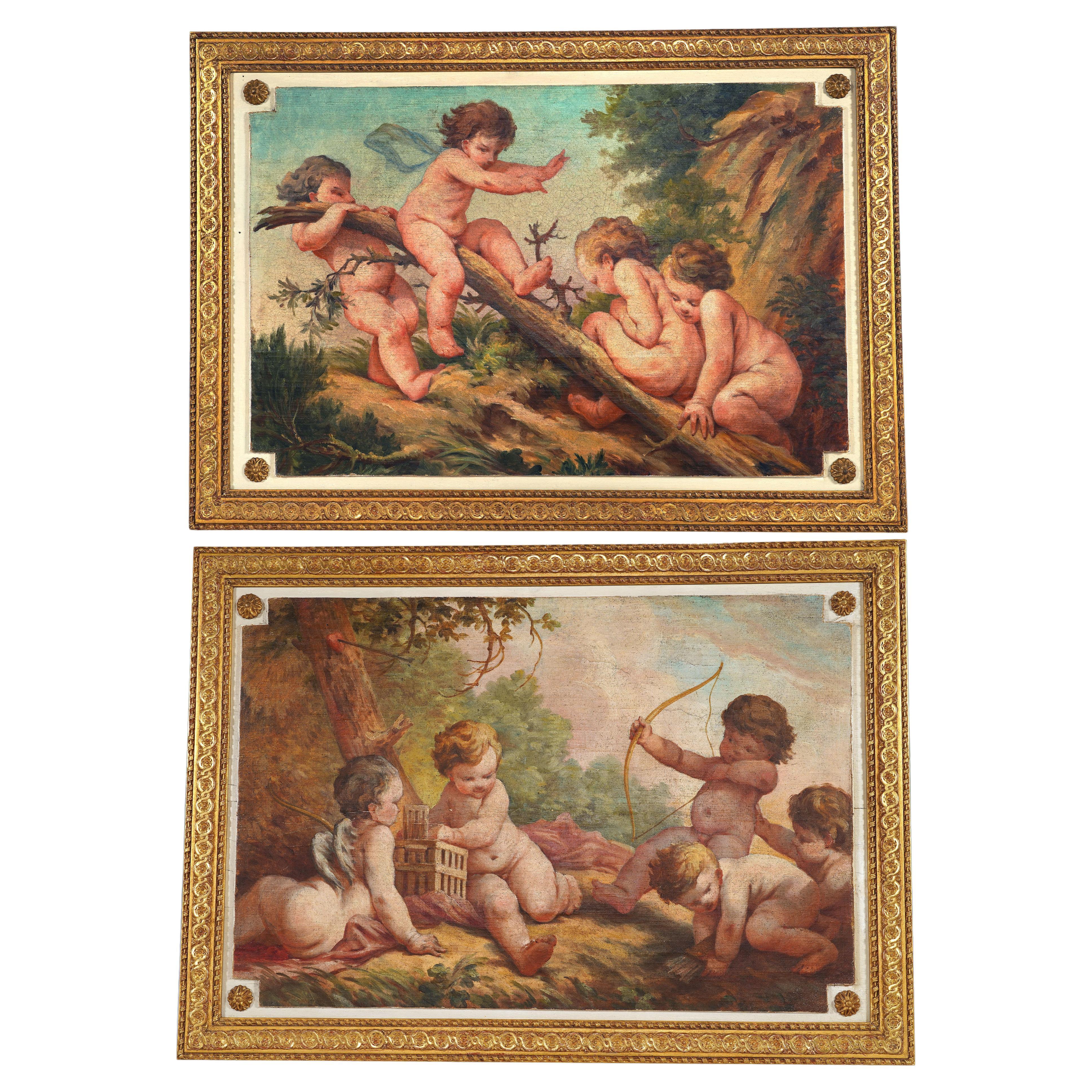 Paire de tableaux "La balançoire" et "Le tir à l'arc" France, XVIIIe siècle en vente