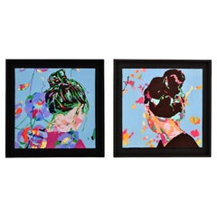 Pair of paintings Violette & Capucine by Frédérique Tristant.