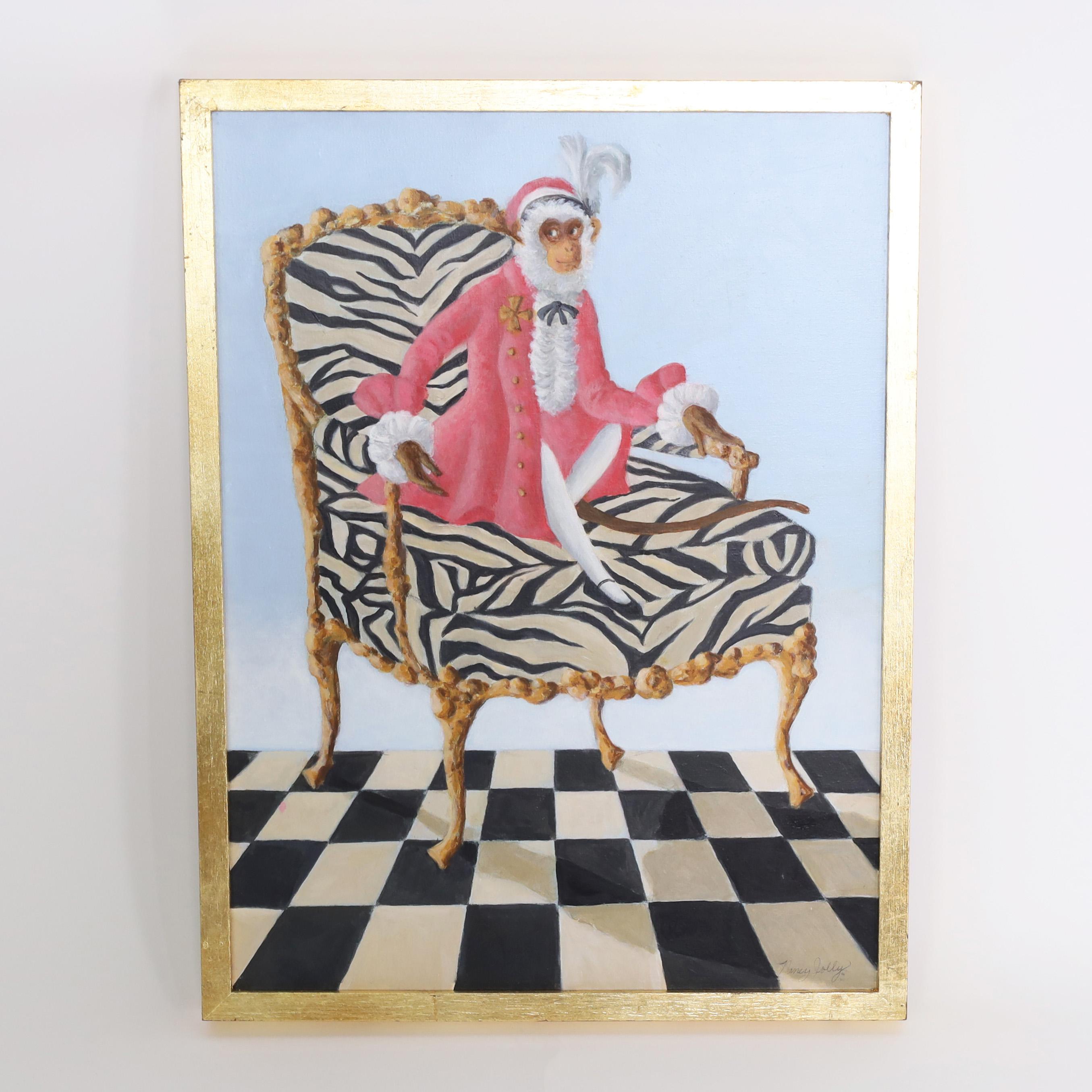 Whimsical art and the art of whimsy, here is a standout example: a pair of acrylic paintings on canvas depicting monkeys as dandies executed with a hint of surrealism. Signed by noted Palm Beach artist Nancy Jolly and presented in gilt wood frames.