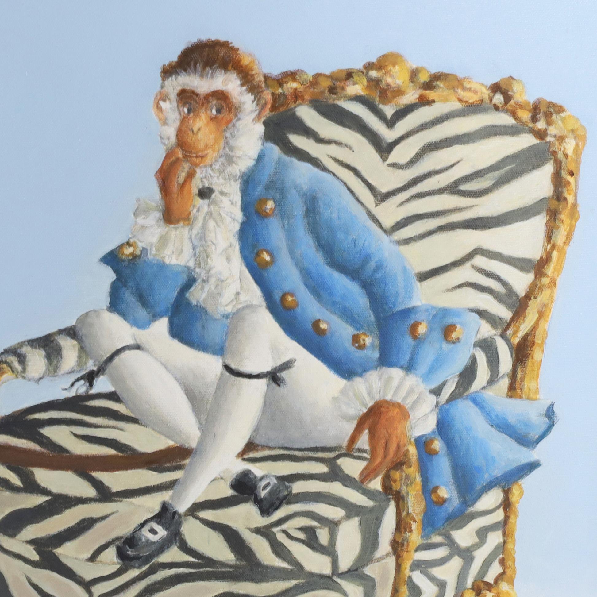 Pair of Paintings with Monkeys as Dandies by Nancy Jolly In New Condition For Sale In Palm Beach, FL