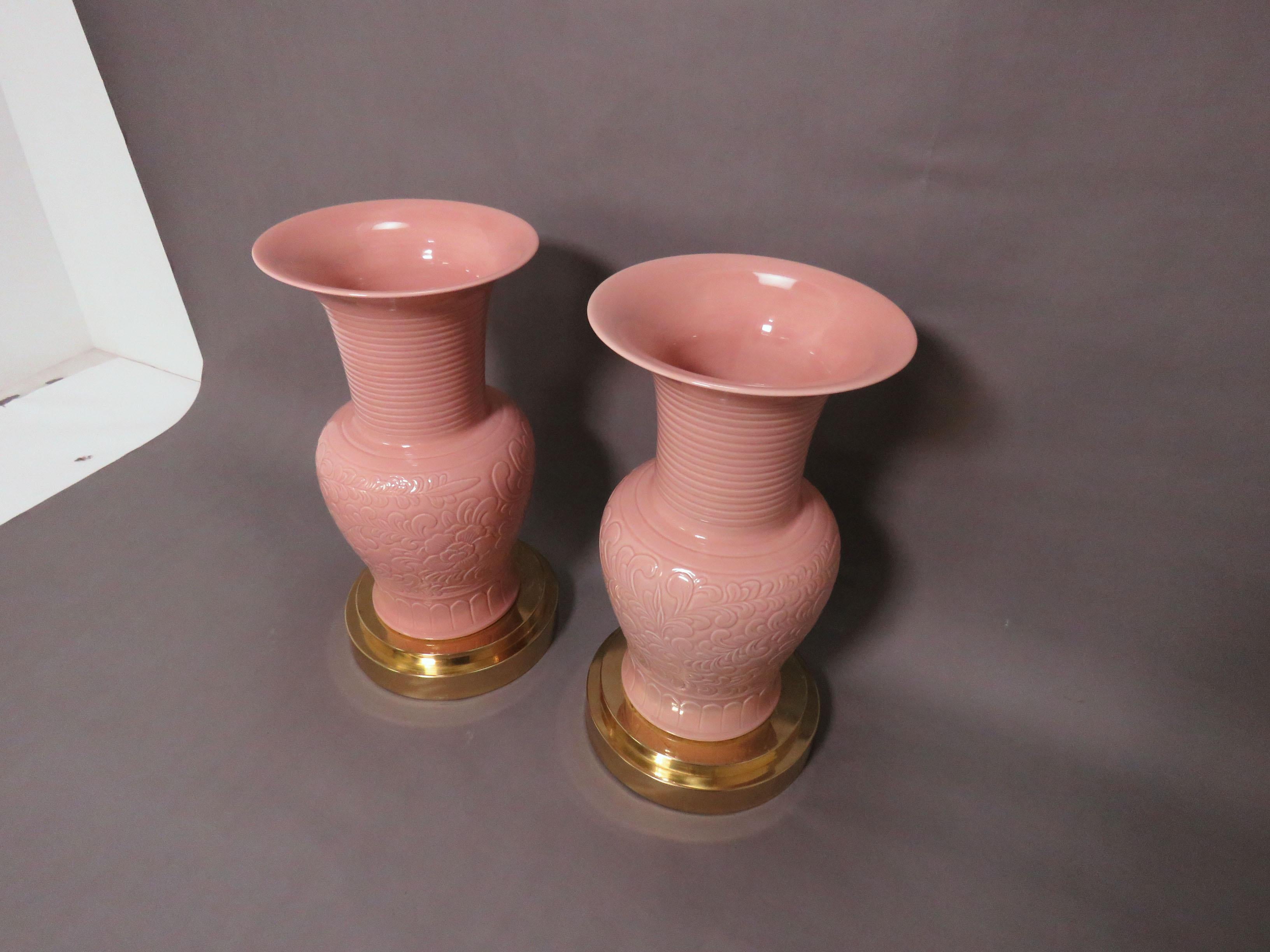 Unknown Pair of Palace Floor Vases on Brass Stands, circa 1980s For Sale