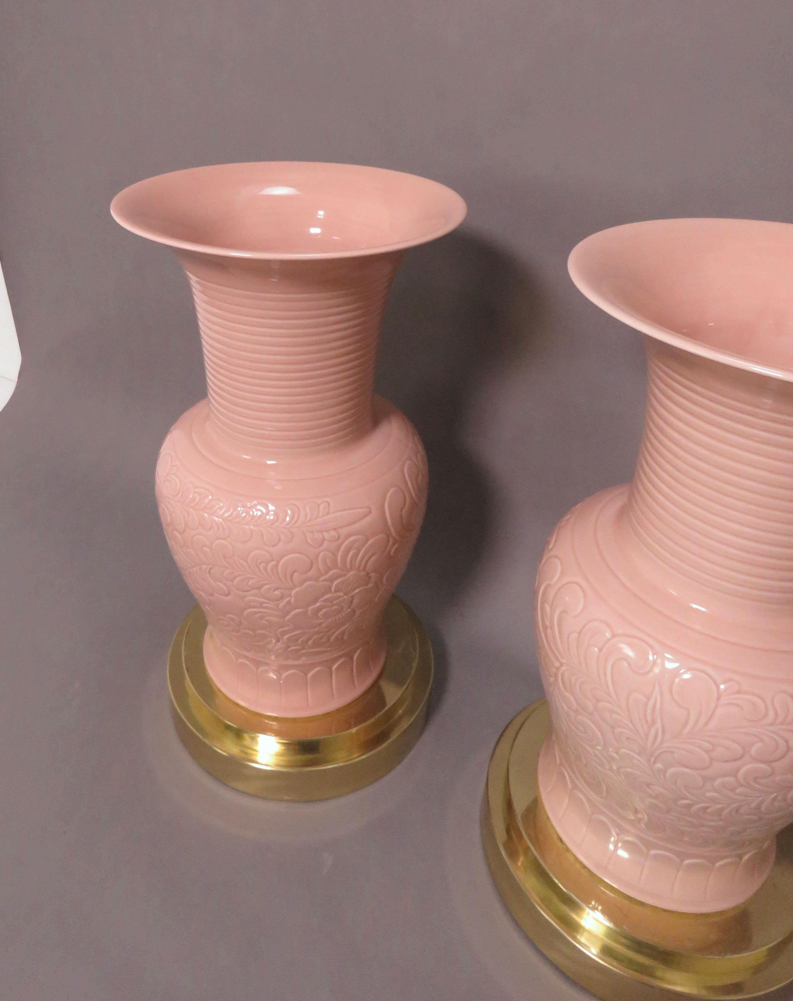 Late 20th Century Pair of Palace Floor Vases on Brass Stands, circa 1980s For Sale