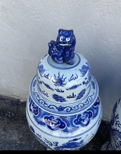 Pair of Palace Size Chinese Blue & White Ginger Jars with Foo Dog Lids