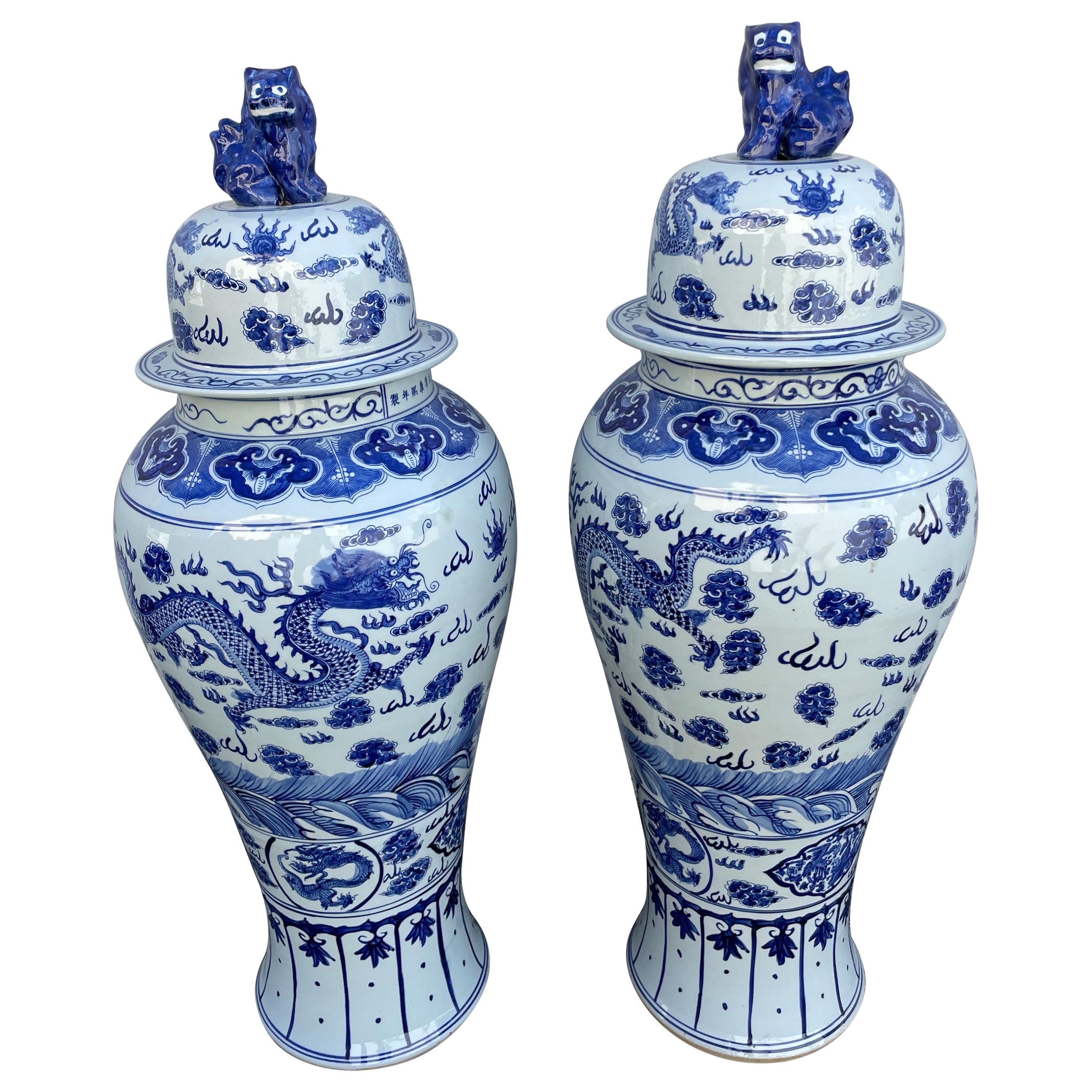 Pair of Palace Size Chinese Blue & White Ginger Jars with Foo Dog Lids