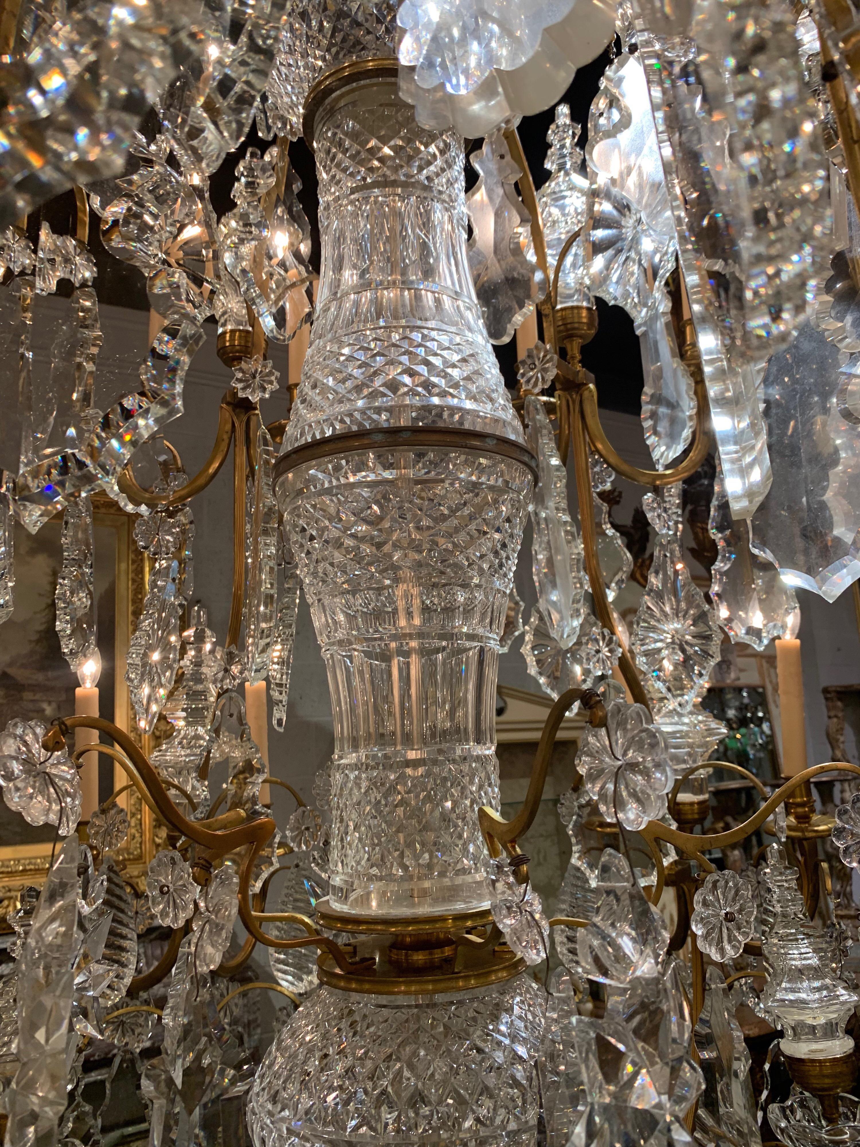 20th Century Pair of Palace Size French Baccarat Style Crystal and Bronze Chandeliers
