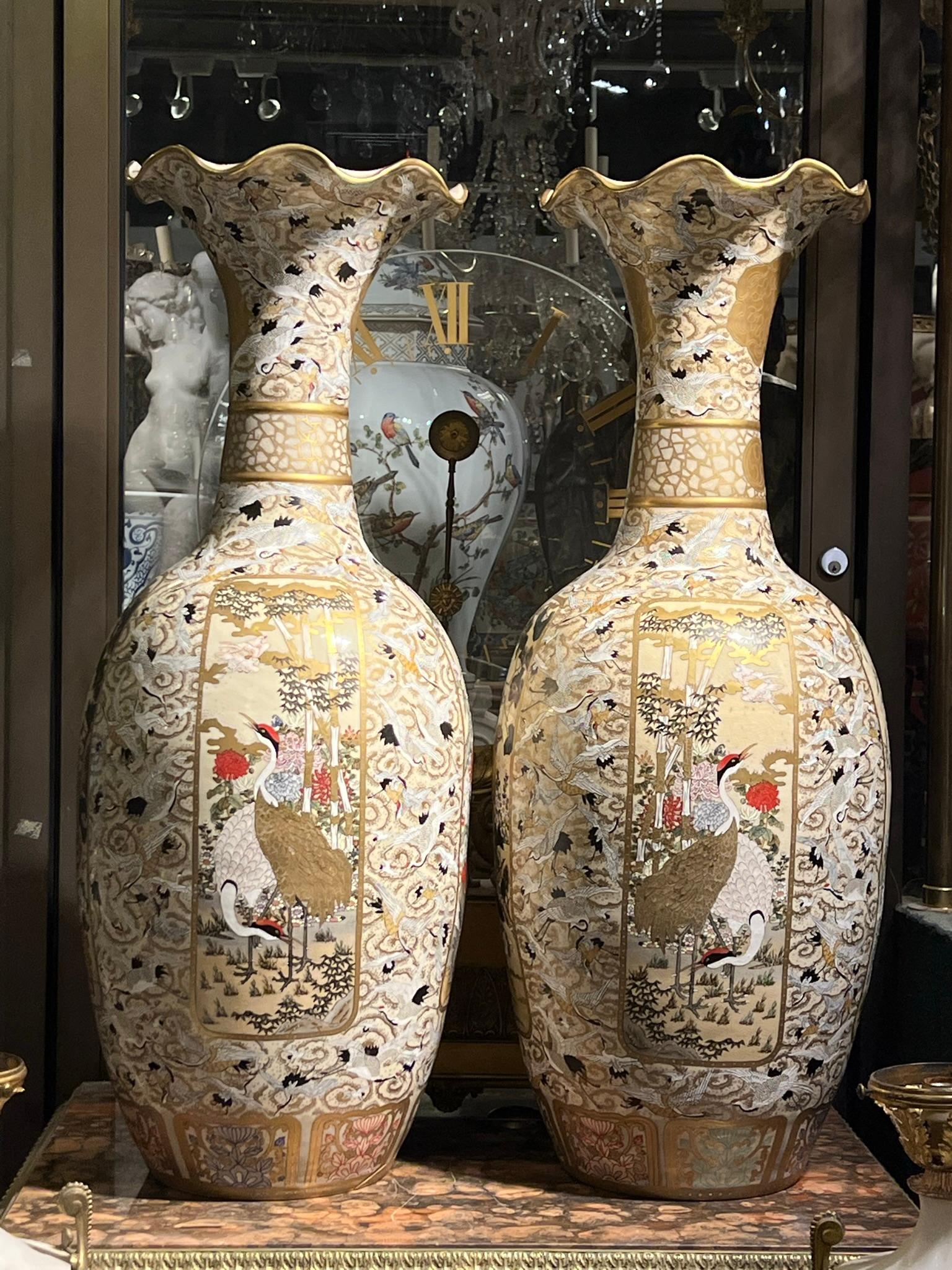 Hand-Painted Pair of Palace Size Japanese Meiji Period Satsuma Vases For Sale