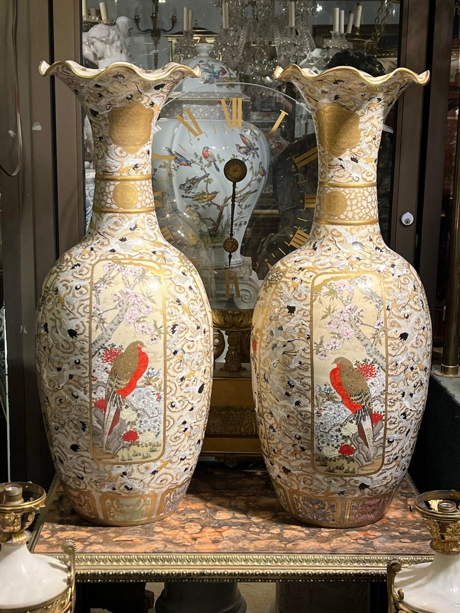 Pair of Palace Size Japanese Meiji Period Satsuma Vases In Good Condition For Sale In New York, NY