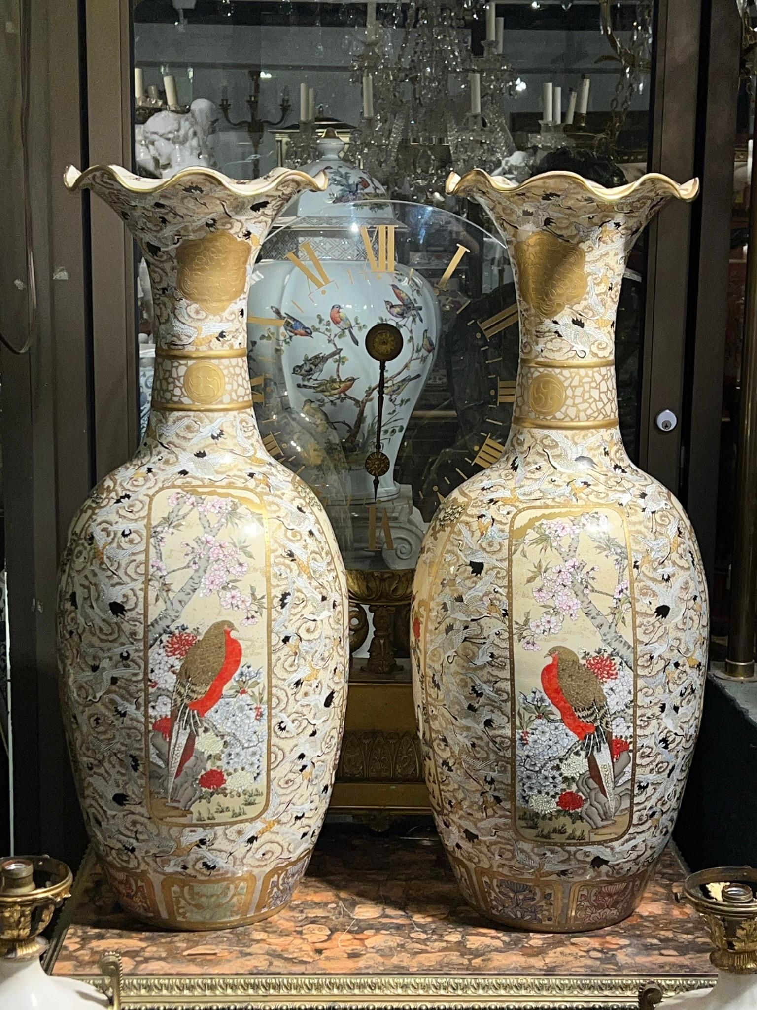 19th Century Pair of Palace Size Japanese Meiji Period Satsuma Vases For Sale