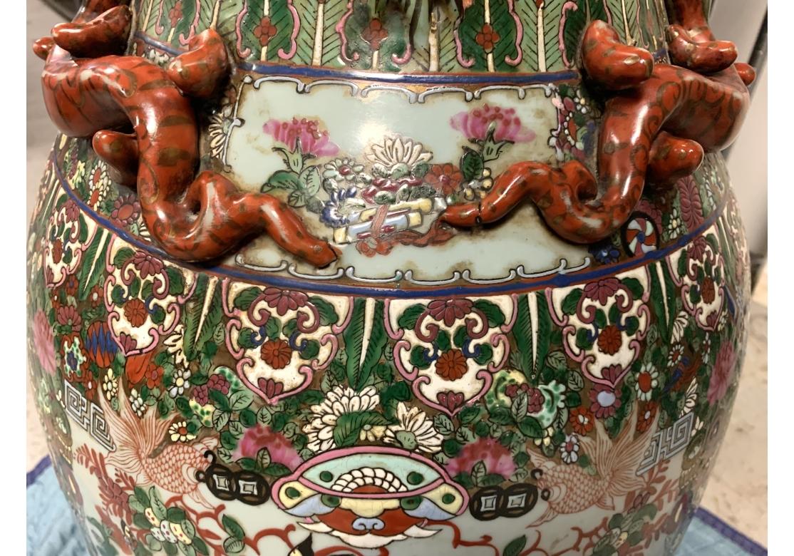 Pair Of Palace Size Mandarin Rose Vase On Wood Stands 11