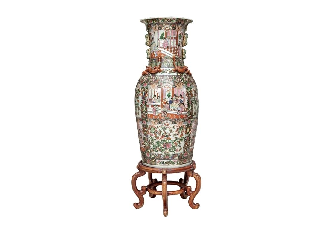 Asian Pair Of Palace Size Mandarin Rose Vase On Wood Stands