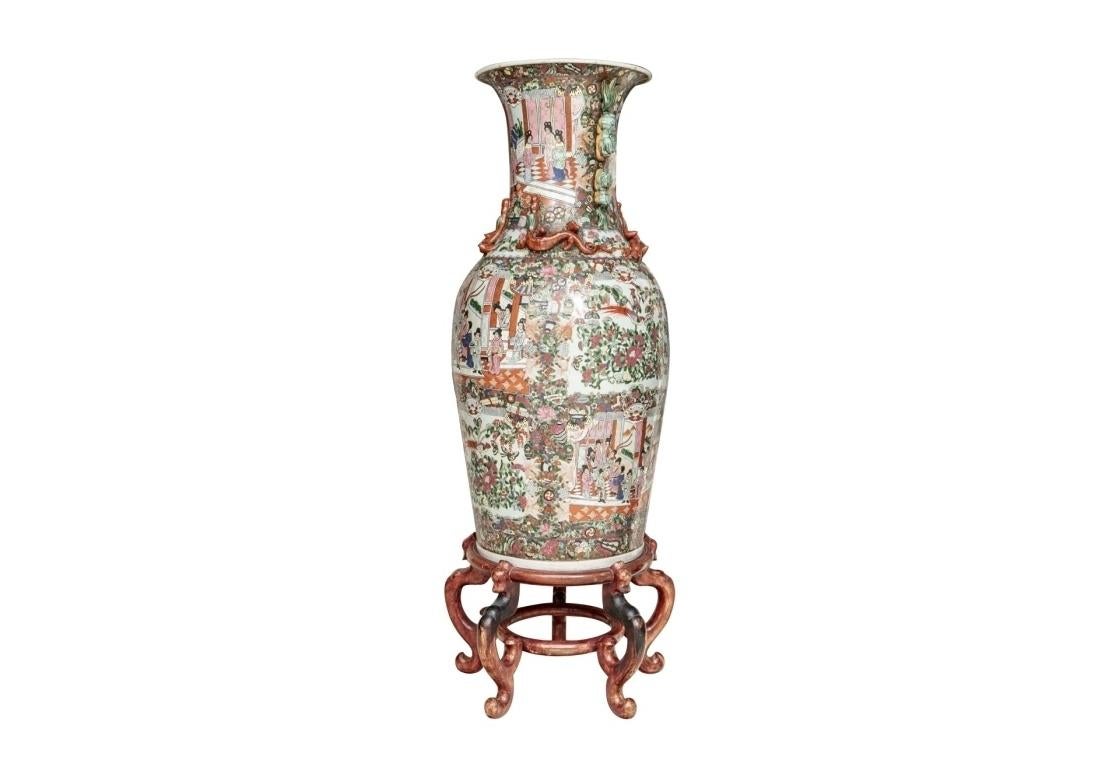 Hand-Painted Pair Of Palace Size Mandarin Rose Vase On Wood Stands
