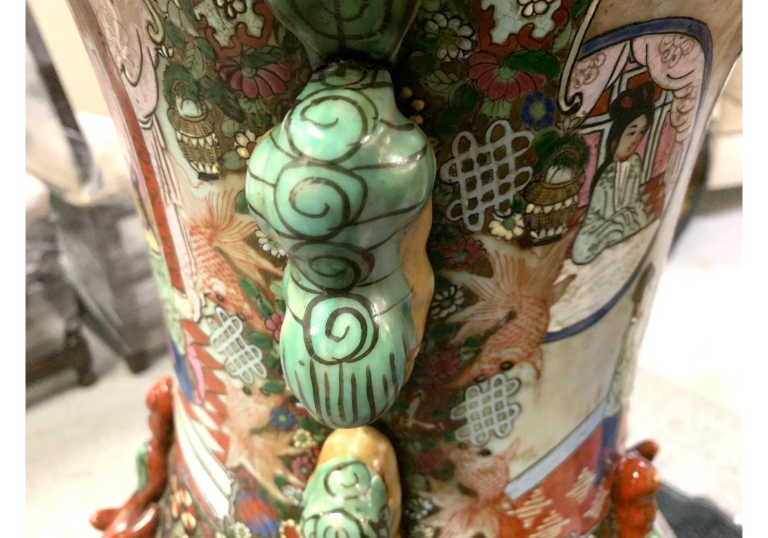 Porcelain Pair Of Palace Size Mandarin Rose Vase On Wood Stands