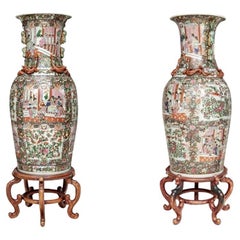 Pair Of Palace Size Mandarin Rose Vase On Wood Stands