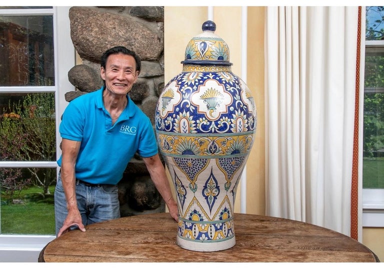 Moorish Pair Of Palace Size Moroccan Glaze Decorated Ceramic Jars For Sale