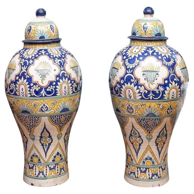 Pair Of Palace Size Moroccan Glaze Decorated Ceramic Jars