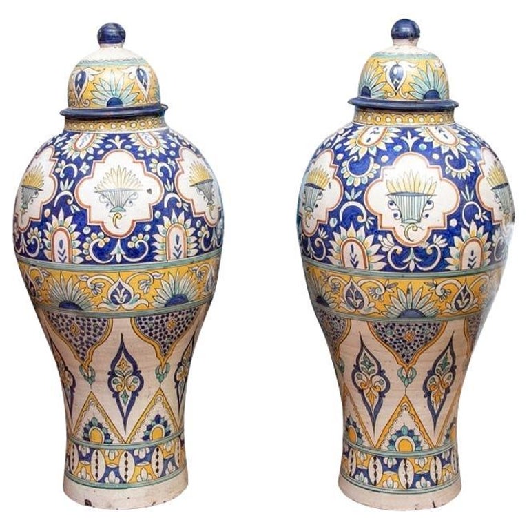 Pair Of Palace Size Moroccan Glaze Decorated Ceramic Jars For Sale