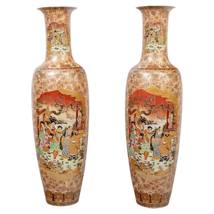 Pair of Satsuma Lidded Floor Vases For Sale at 1stDibs