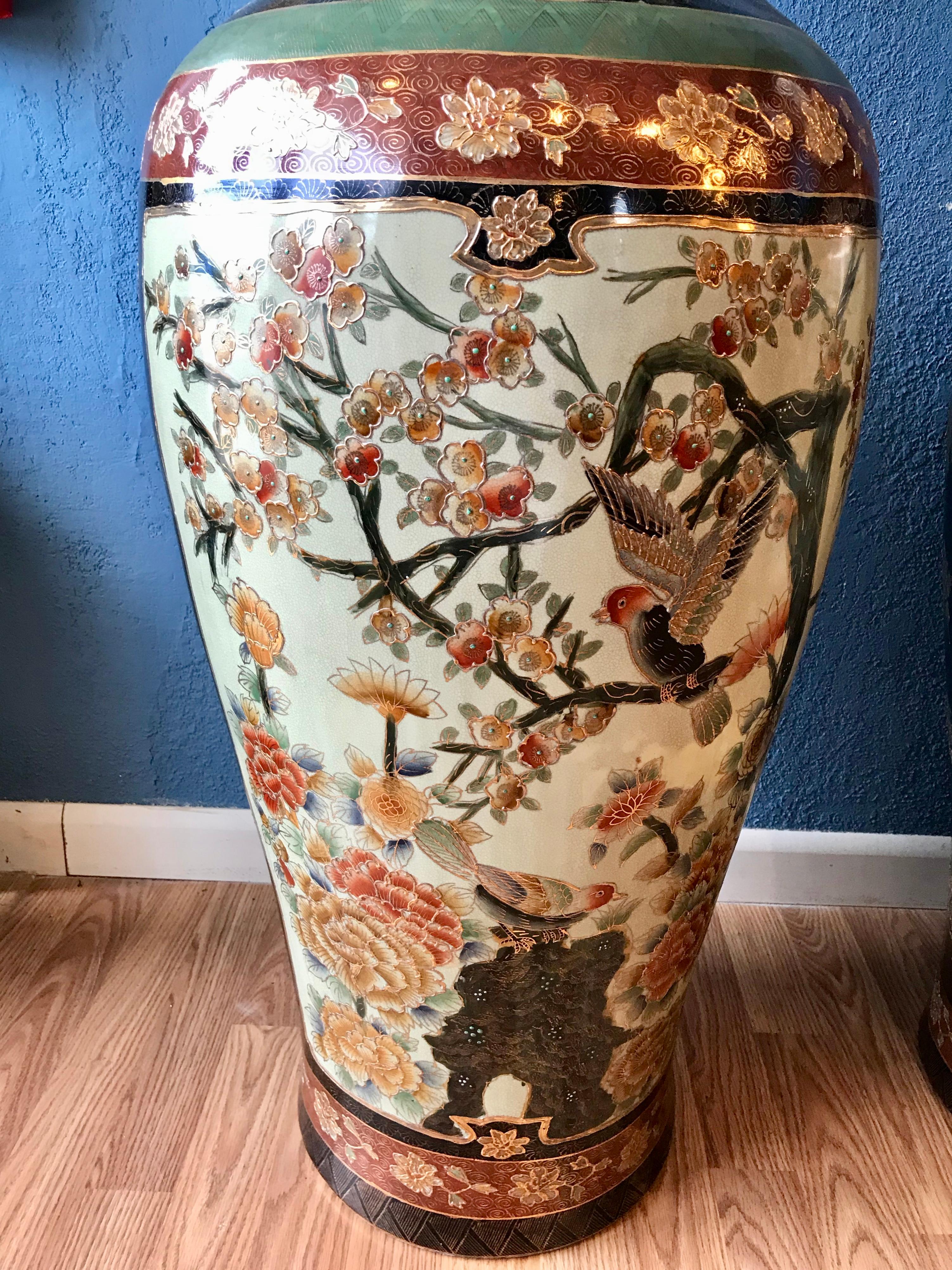 Hand-Painted Pair of Palace Size Satsuma Vases