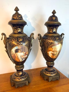 Pair of Palace Size Sevres ‘Labors of Cupid' Ormolu & Cobalt Urns