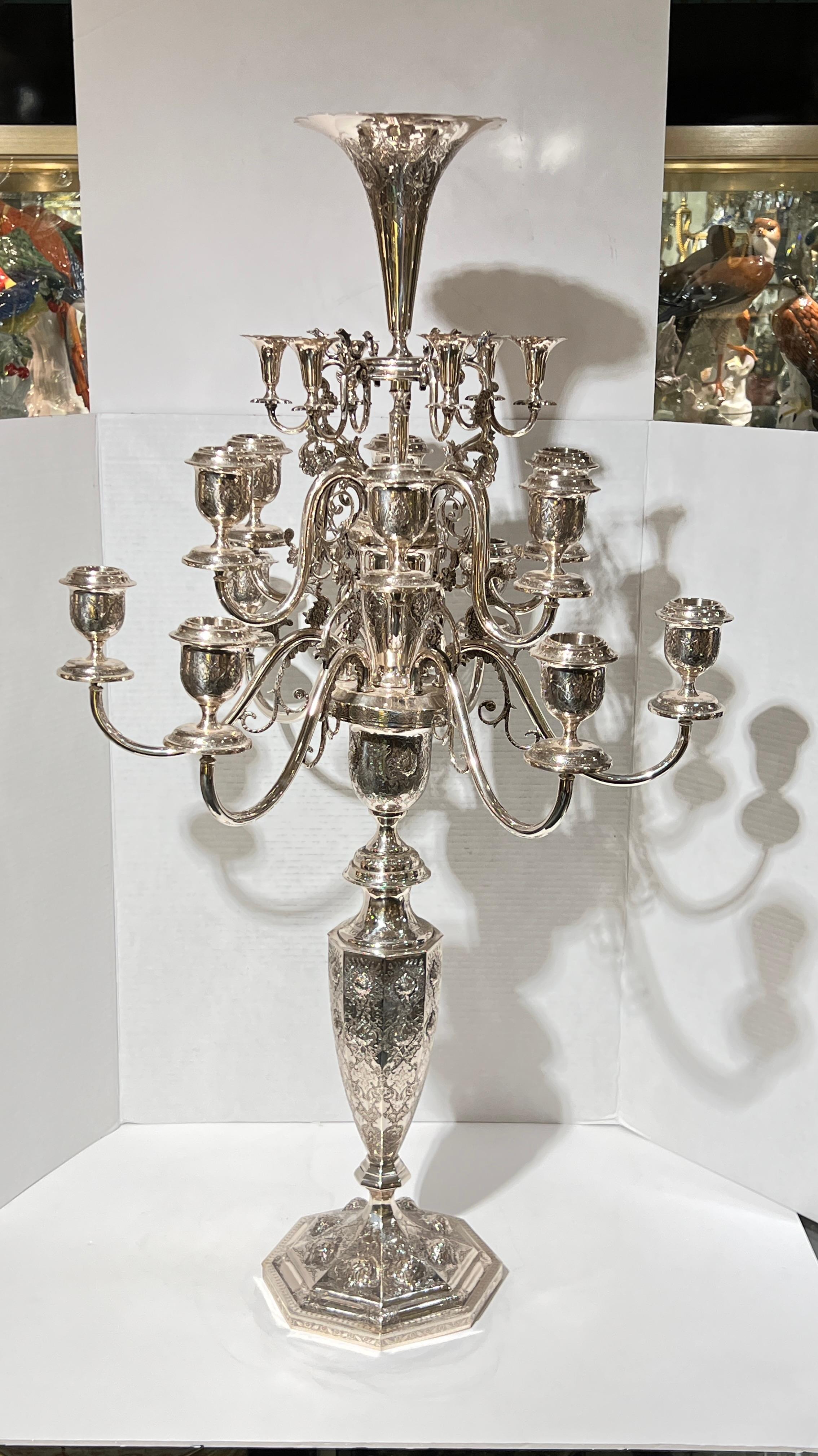 Pair of palace size Vintage Persian Silver 18-Light Candelabra For Sale 7