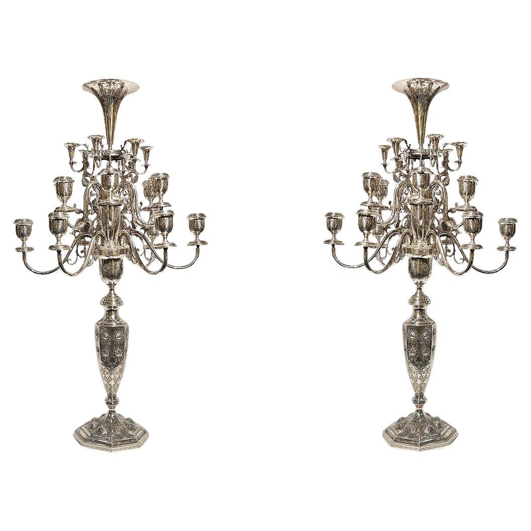 Pair of palace size Vintage Persian Silver 18-Light Candelabra For Sale
