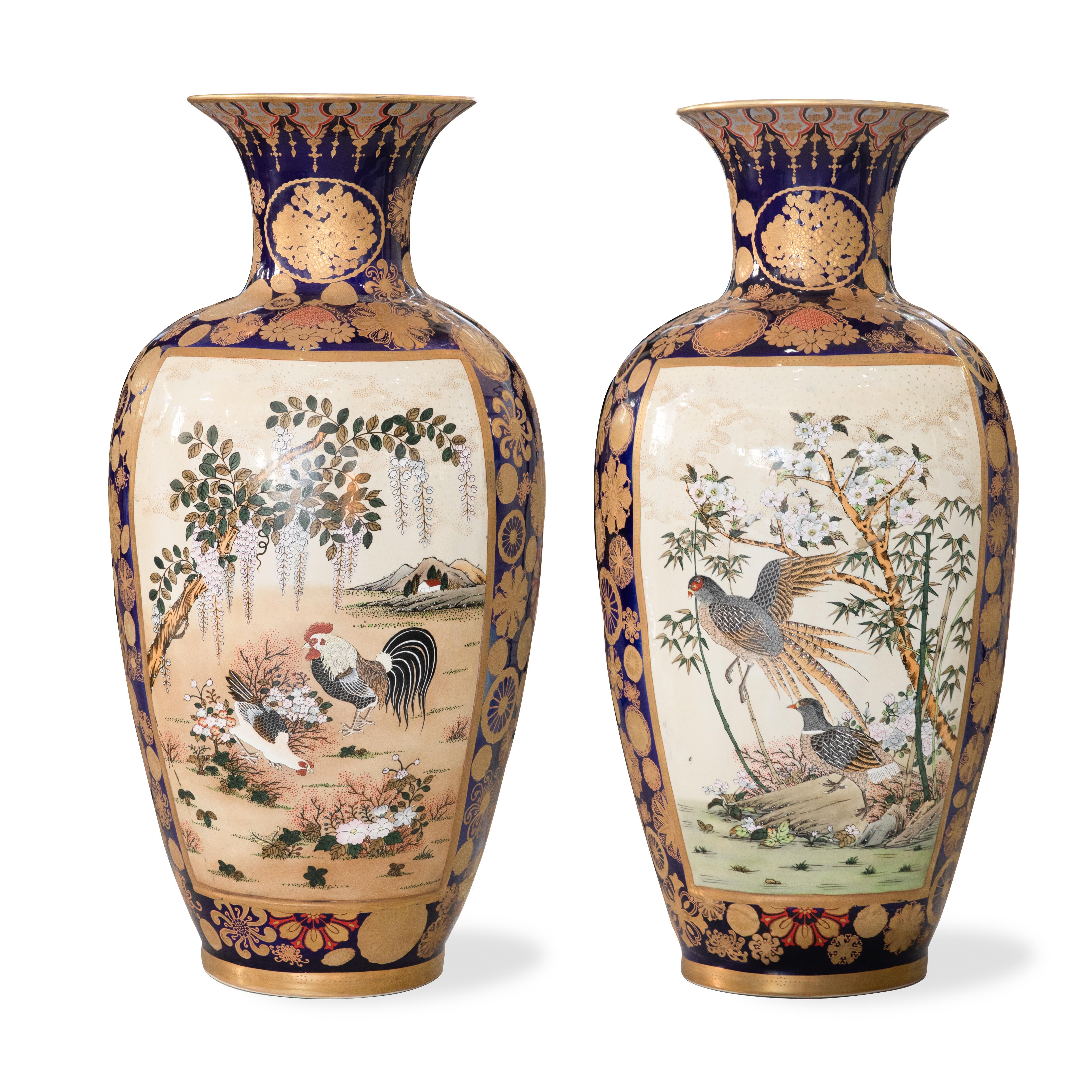 Offered is a pair of palace sized vintage Japanese Kutani/Satsuma vases with pre 1921 markings on base. The vases are in good condition with some glaze crackalure in keeping with their age. They measure 33.5