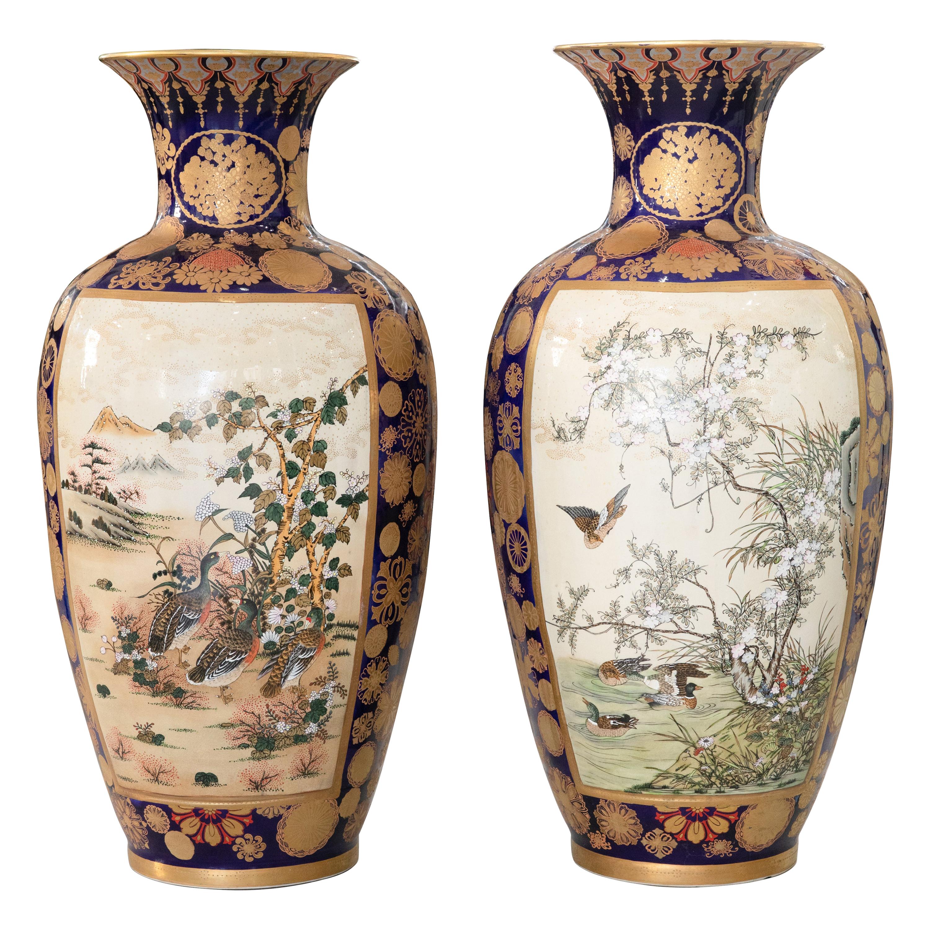 Pair of Palace Sized Vintage Japanese Kutani/Satsuma Vases, circa 1920s