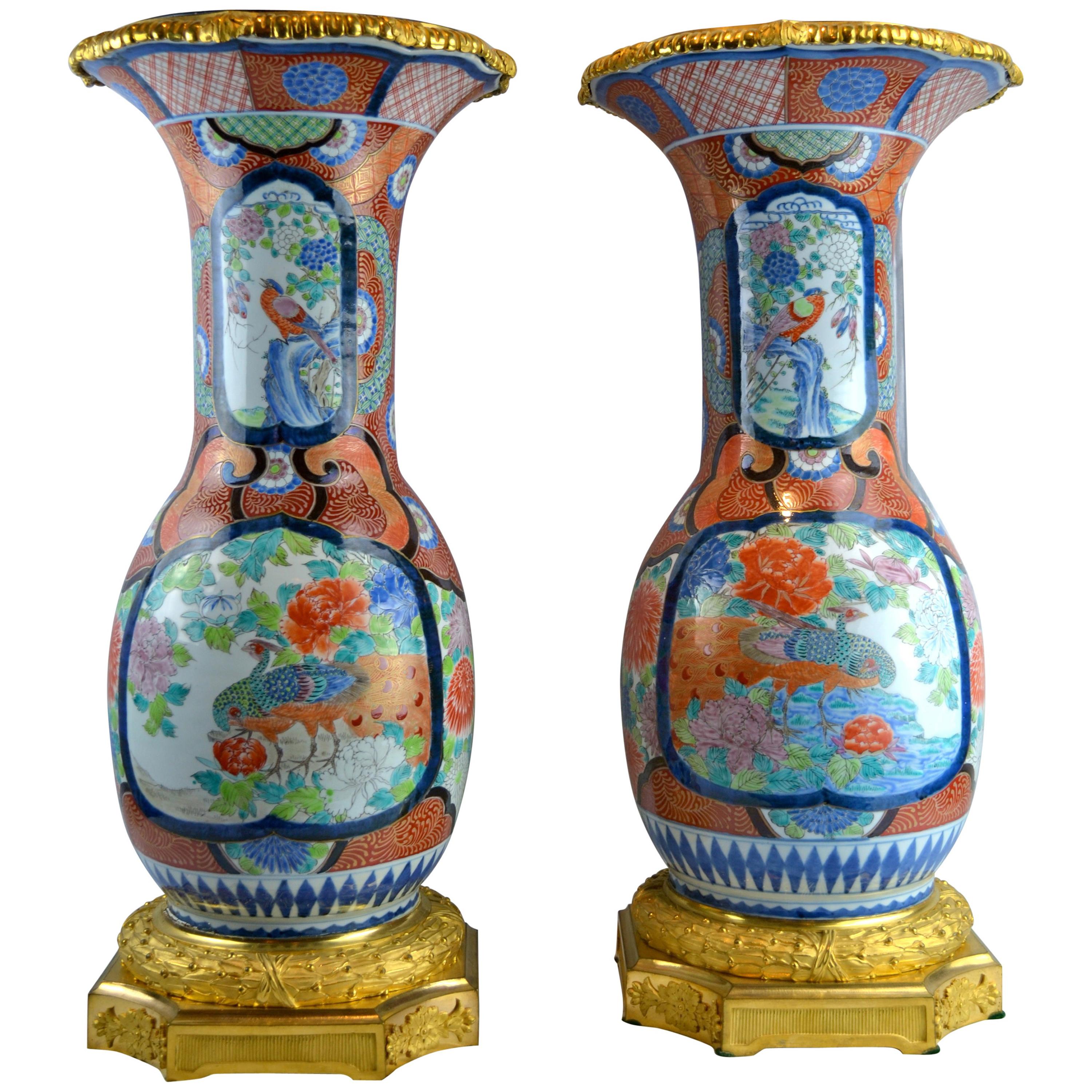 Palatial 19th Century Japanese Imari Vases with French Gilt Bronze Mounts, Pair